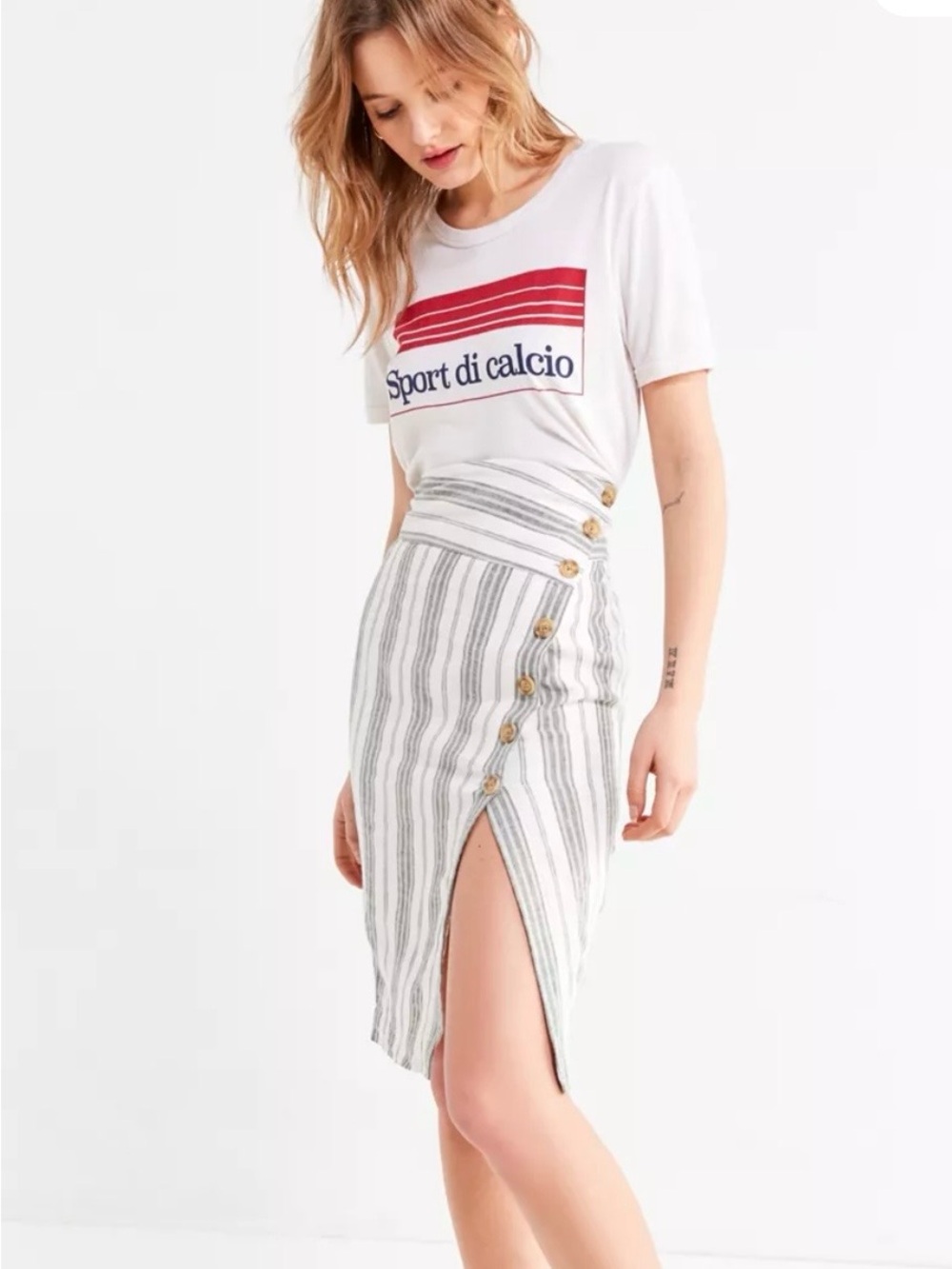 Urban Outfitters Striped White and Gray Button Midi Skirt